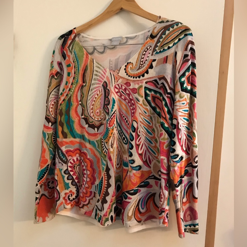 Chicos Orchid Flower Sweater Paisley Multicolored Size 1 Medium
